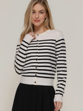 Long Sleeve Crew Neck Stripe Sweater Cardigan - Ivory/Black