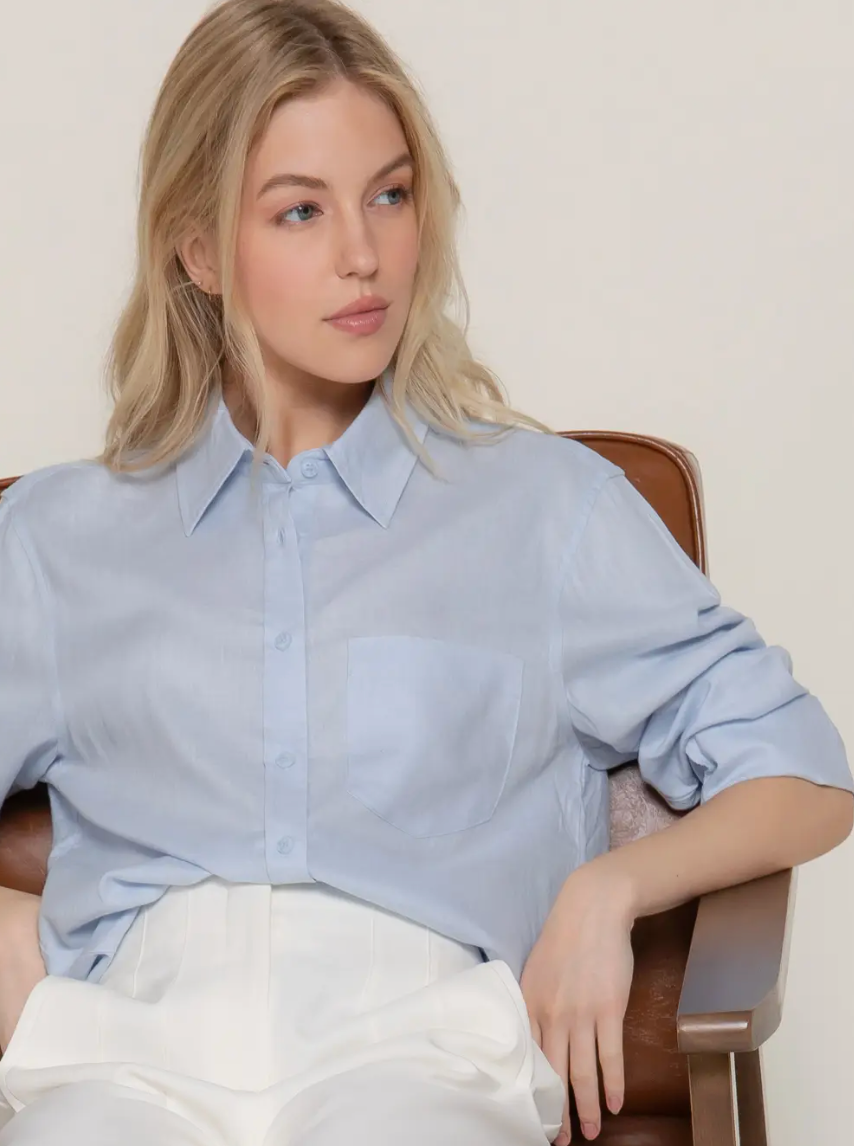 Long Sleeve Linen Blend Shirt - Light Blue
