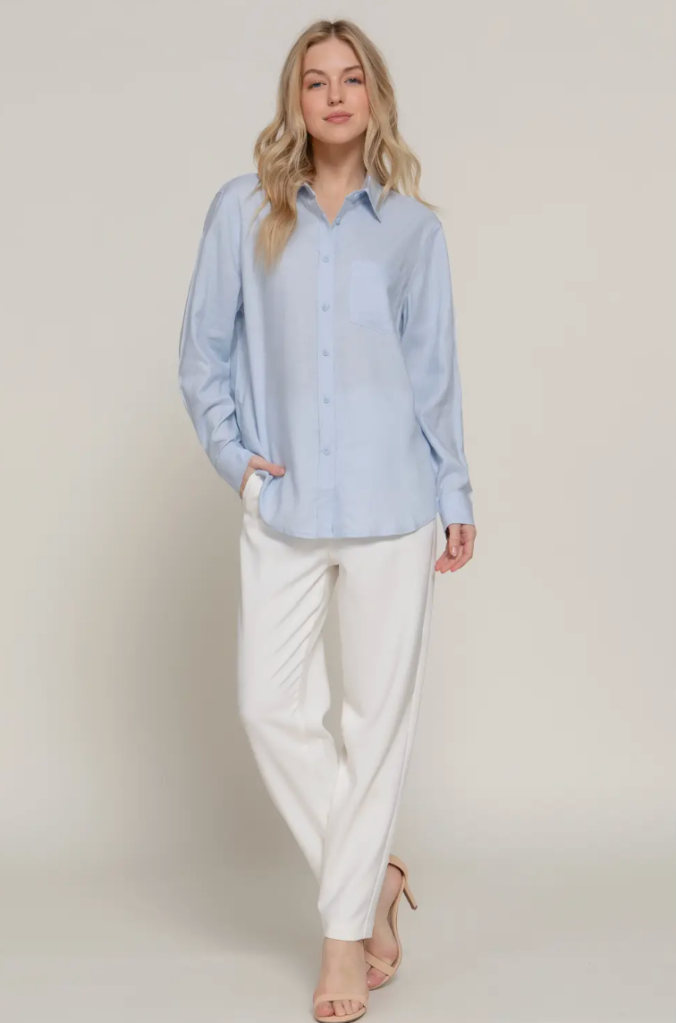 Long Sleeve Linen Blend Shirt - Light Blue