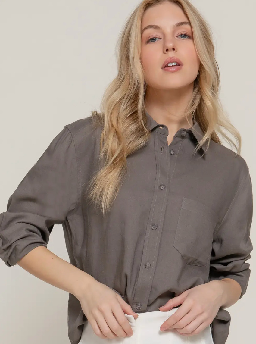 Long Sleeve Linen Blend Shirt - Mocha