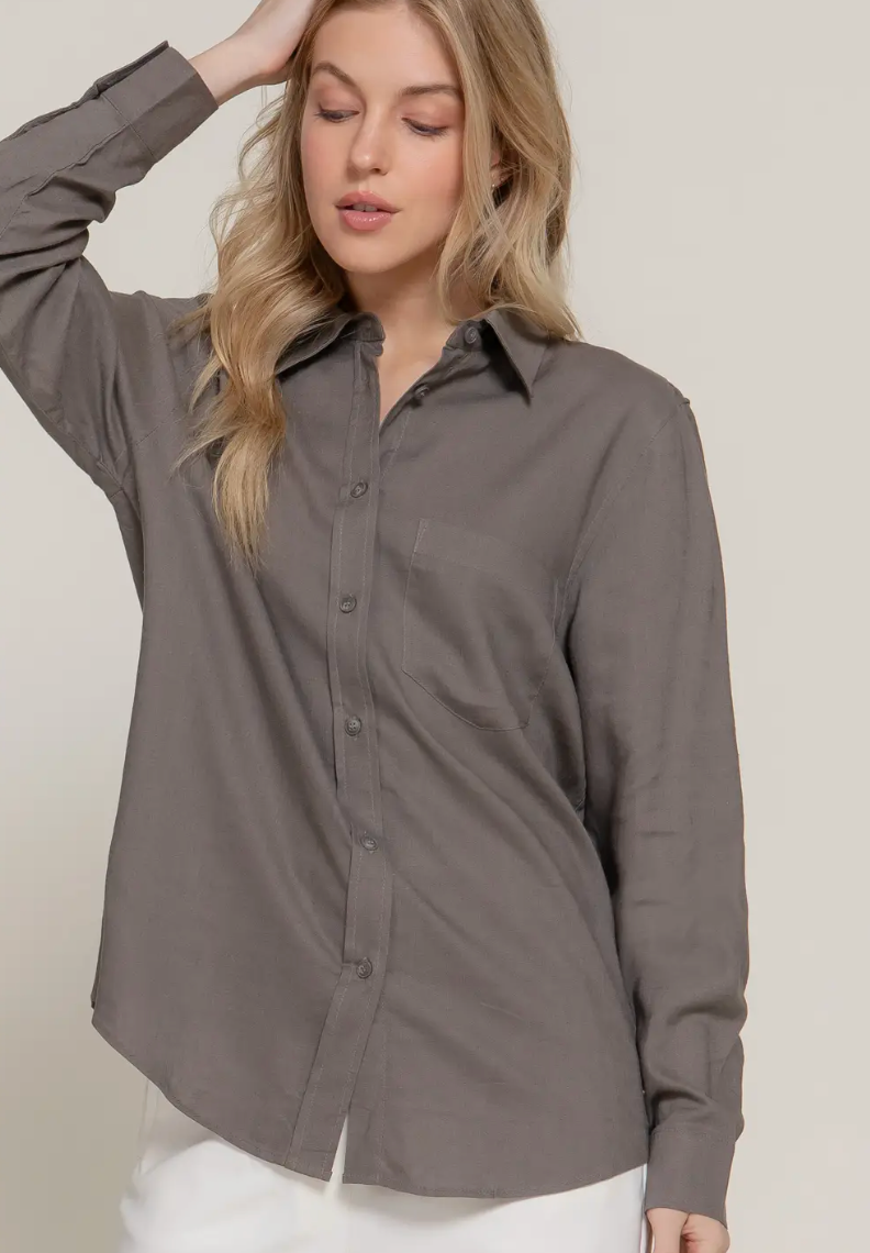 Long Sleeve Linen Blend Shirt - Mocha