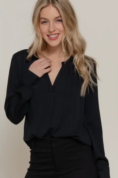 Long Sleeve Pleated V-Neck Top - Black